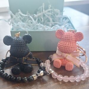 Black and Pink Bear Keychains with Beaded Bracelets